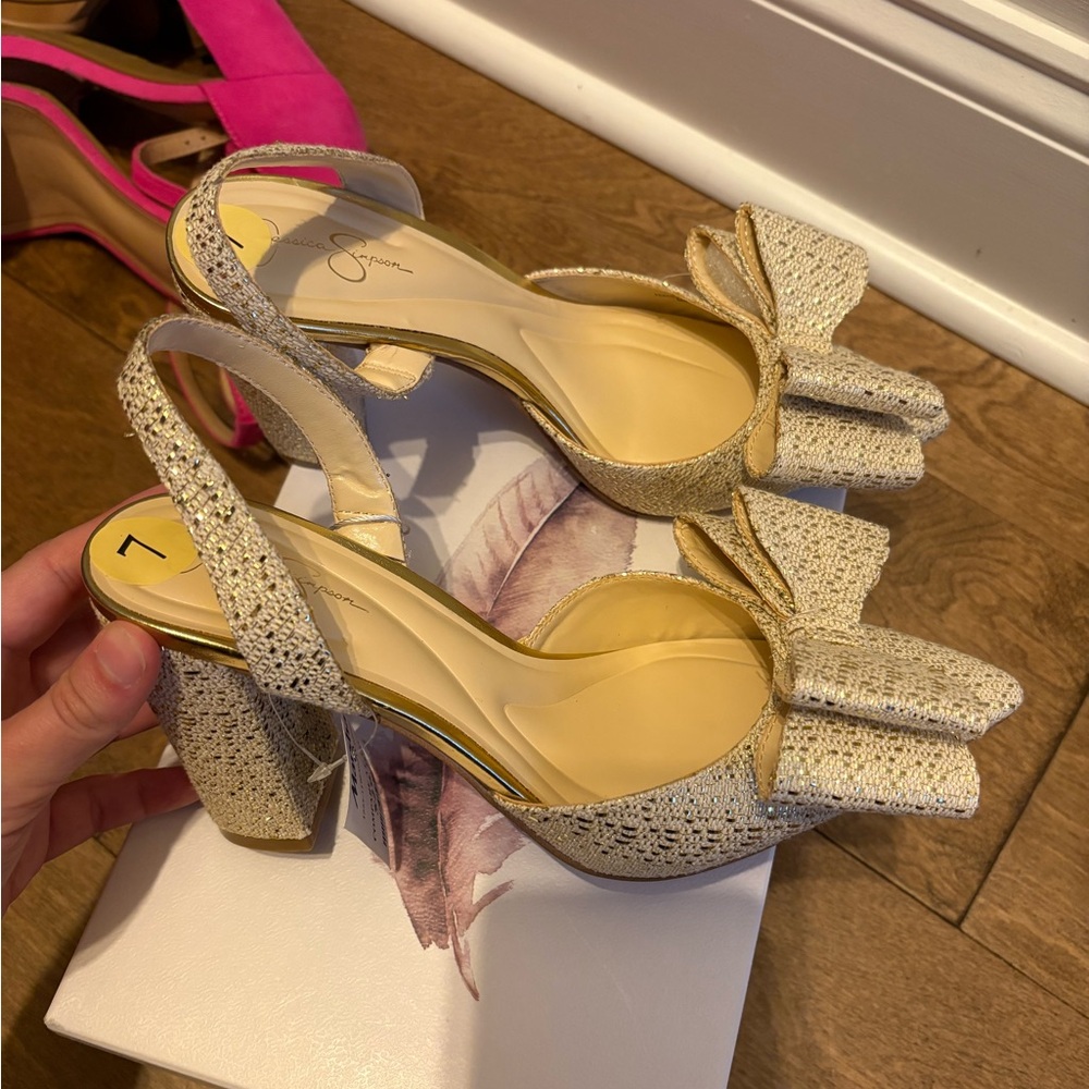Jessica Simpson gold bow heels